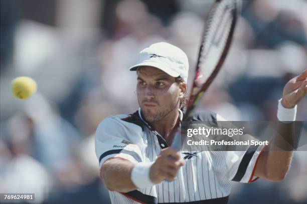 Australian tennis player Patrick Rafter pictured in action during competition to reach and win the final of the 1998 US Open Men's Singles tennis...