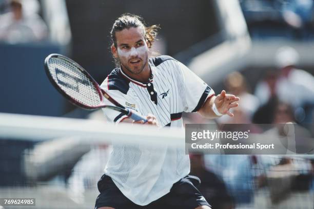 Australian tennis player Patrick Rafter pictured in action during competition to reach and win the final of the 1998 US Open Men's Singles tennis...