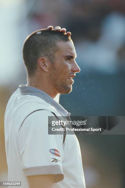 Australian tennis player Patrick Rafter pictured during competition to reach the semifinals of the Men's Singles event at the 2001 Ericsson Open...