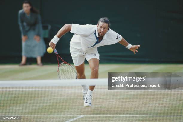 Australian tennis player Patrick Rafter pictured in action during competition to reach the final of the Men's Singles tournament at the Wimbledon...