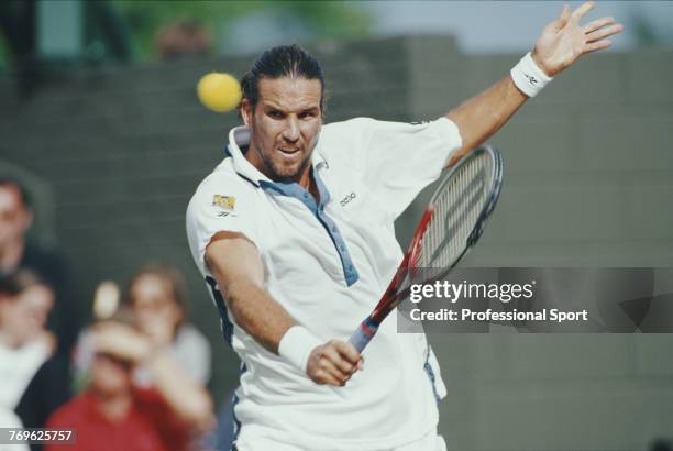 Australian tennis player Patrick Rafter pictured in action during competition to reach the final of the Men's Singles tournament at the Wimbledon...