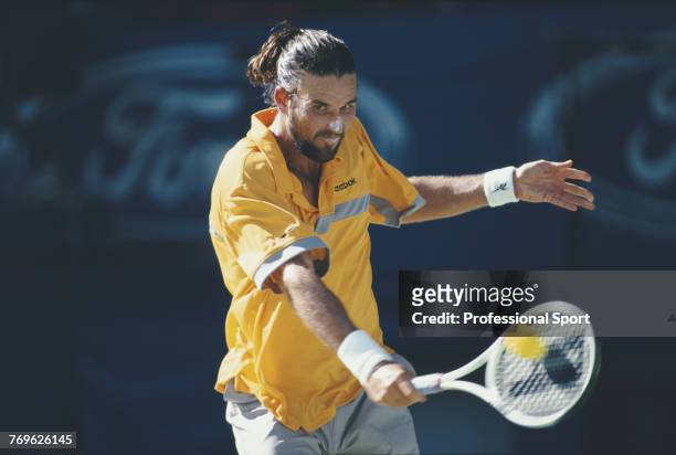 Australian tennis player Patrick Rafter pictured in action during competition to reach the semifinals of the Men's Singles tennis tournament at the...