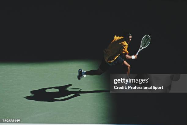 Australian tennis player Patrick Rafter pictured in action during competition to reach the semifinals of the Men's Singles tennis tournament at the...