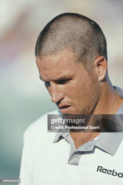 Australian tennis player Patrick Rafter pictured during competition to reach the semifinals of the Men's Singles event at the 2001 Ericsson Open...