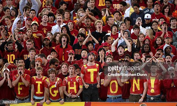 Trojans fans cheer in the game against the Washington State Cougars on September 22, 2007 at the Los Angeles Coliseum in Los Angeles, California. USC...