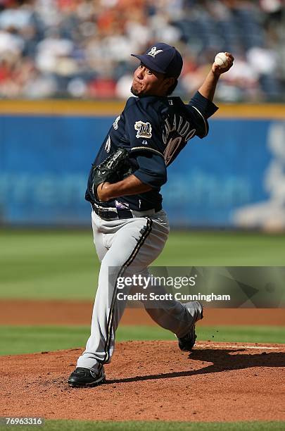 Yovani Gallardo of the Milwaukee Brewers pitches against the Atlanta Braves at Turner Field on September 22, 2007 in Atlanta, Georgia. The Braves...