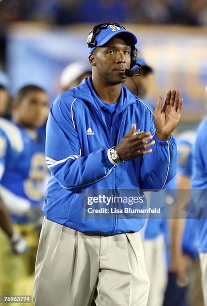 Head coach Karl Dorrell of the UCLA Bruins looks on from the sideline during the game against the Washington Huskies at the Pasadena Rose Bowl on...