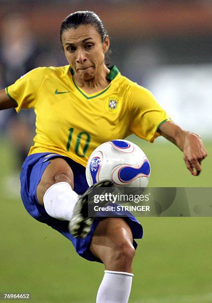 Brazil's Marta gets her foot on the ball against Australia in their quarter-final match at the FIFA Women's World Cup football tournament at the...