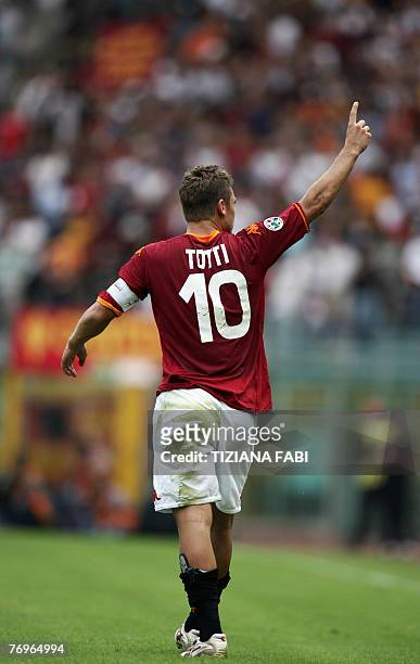 Roma forward Francesco Totti reacts after Roma scored against Juventus during their Italian Serie A football match at Olympic stadium in Rome 23...