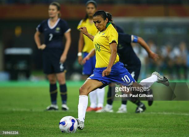 Marta Vieira Da Silva scores a penalty and the second goal for Brazil during the Quarter Final of the Women's World Cup 2007 match between Brasil and...