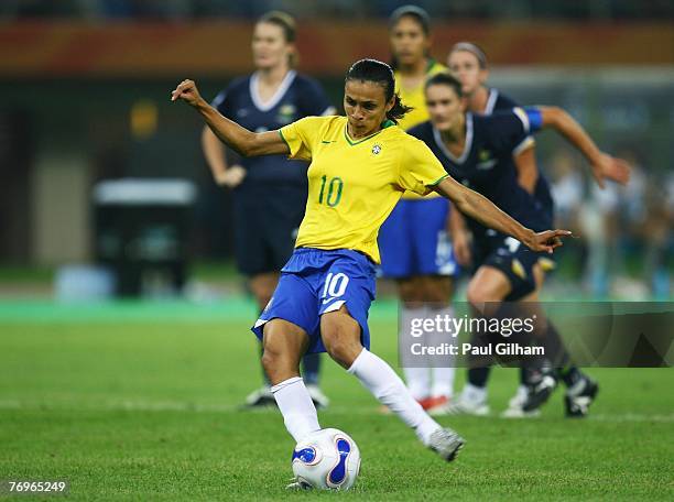 Marta Vieira Da Silva scores a penalty and the second goal for Brazil during the Quarter Final of the Women's World Cup 2007 match between Brasil and...