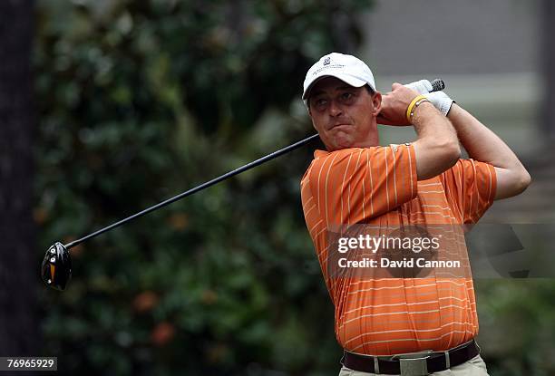 Jon Bevan of the Great Britain & Ireland Team hits his tee shot at the first hole during the final day singles matches for the 23rd PGA Cup Matches,...