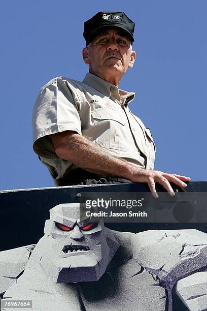 Actor R. Lee Ermey, honorary starter, stands in the starter box prior to the NASCAR Nextel Cup Series Dodge Dealers 400 at Dover International...