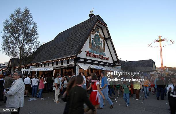 The front of Vronis Fischerstadl, a place to go for grilled fish, at the Oktoberfest on September 23, 2007 in Munich, Germany. During the...