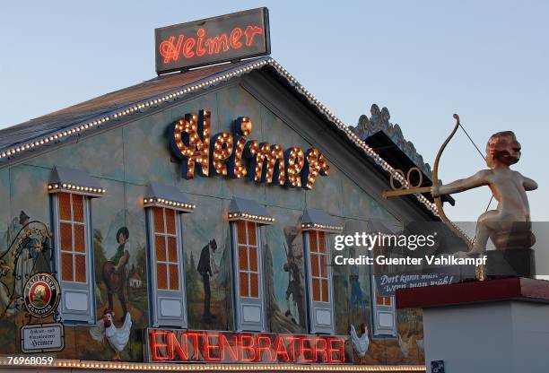 The front of Heimer Entenbraterei, a place to go for grilled duck, at the Oktoberfest on September 23, 2007 in Munich, Germany. During the...