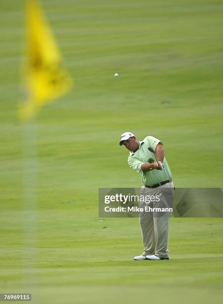 Brendon De Jonge chips on the 17th hole during the second round of the Turning Stone Resort Championship at Atunyote Golf Club in Verona, NY.