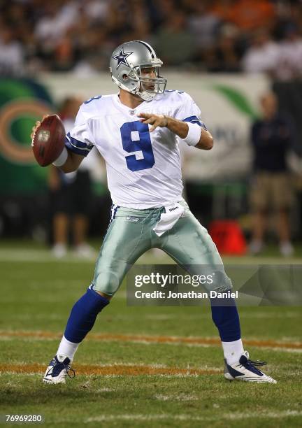 Quarterback Tony Romo of the Dallas Cowboys throws a pass against the Chicago Bears at Soldier Field on September 23, 2007 in Chicago, Illinois.