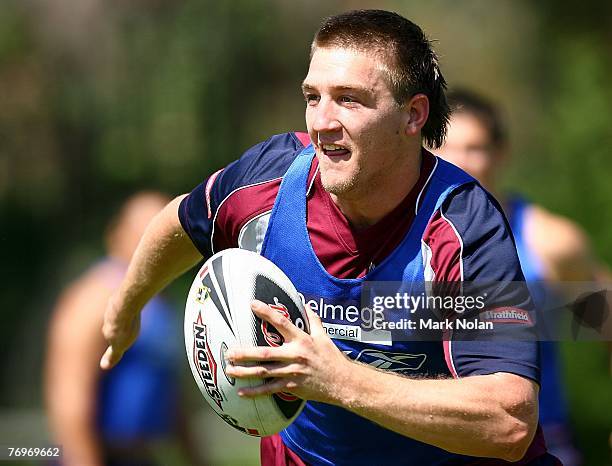 Jon Grieve runs the ball during a Manly Warringah Sea Eagles NRL training session at the Sydney Academy of Sport in Narrabeen on September 24, 2007...