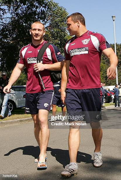 Michael Monaghan and Anthony Watmough are pictured before a Manly Warringah Sea Eagles NRL training session at the Sydney Academy of Sport in...