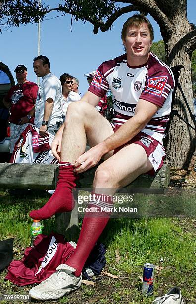 Steve Menzies prepares for a team photo before a Manly Warringah Sea Eagles NRL training session at the Sydney Academy of Sport in Narrabeen on...