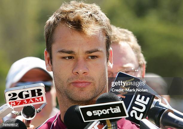 Brett Stewart talks to the media during a Manly Warringah Sea Eagles NRL training session at the Sydney Academy of Sport in Narrabeen on September...