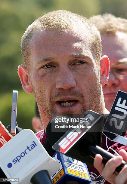 Michael Monaghan talks to the media during a Manly Warringah Sea Eagles NRL training session at the Sydney Academy of Sport in Narrabeen on September...