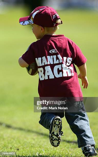 Child runs around during a Manly Warringah Sea Eagles NRL training session at the Sydney Academy of Sport in Narrabeen on September 24, 2007 in...