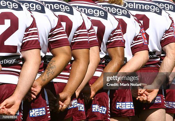 The Eagles pose for a team photo during a Manly Warringah Sea Eagles NRL training session at the Sydney Academy of Sport in Narrabeen on September...