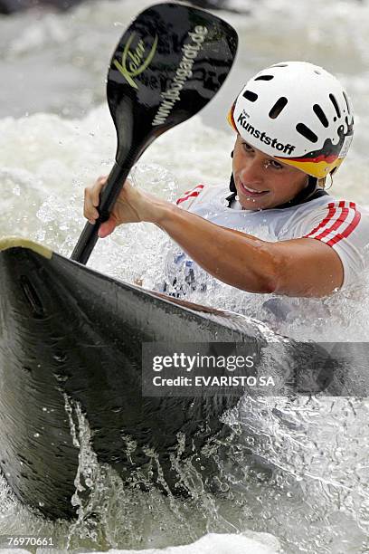 Jennifer Bongardt from Germany paddles during the women's K-1 final of the 2007 Slalom World Championships at Itaipu Hydroelectric Power Plant, Foz...