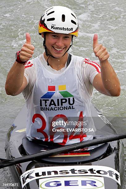Jennifer Bongardt from Germany gives the thumbs up at end of the women's K-1 final of the 2007 Slalom World Championships at Itaipu Hydroelectric...