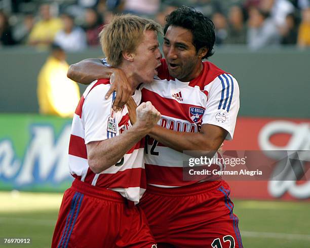 Dallas Dax McCarty and Arturo Alvarez celebrate McCarty's goal scored against the Los Angeles Galaxy during today's match at the Home Depot Center on...