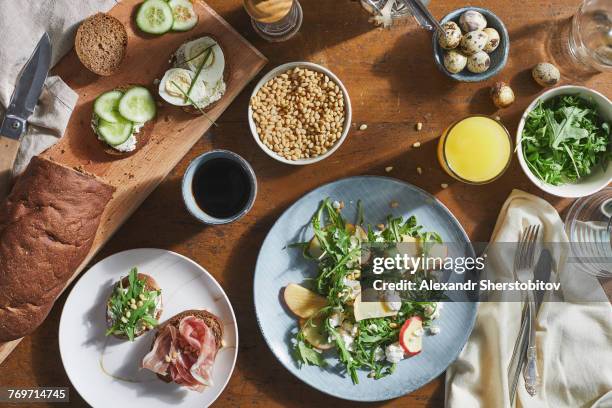 directly above shot of various food on table - pfirsichkern stock-fotos und bilder