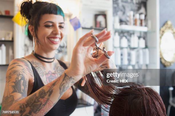 a hair dresser styling a customers hair. - peluquero fotografías e imágenes de stock