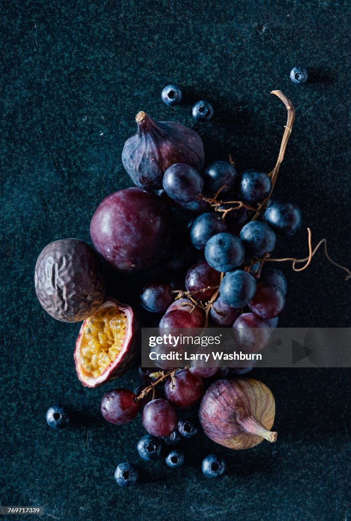 High angle view of fresh fruits on granite