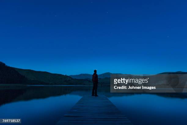 person on jetty at night - dusk dark stock-fotos und bilder