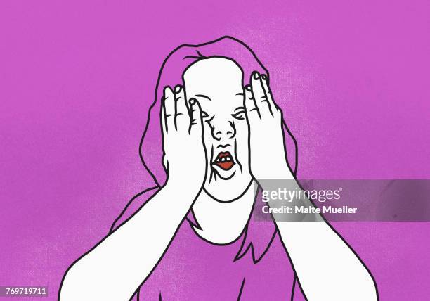 ilustraciones, imágenes clip art, dibujos animados e iconos de stock de illustration of woman with head in hands against pink background - arrugados