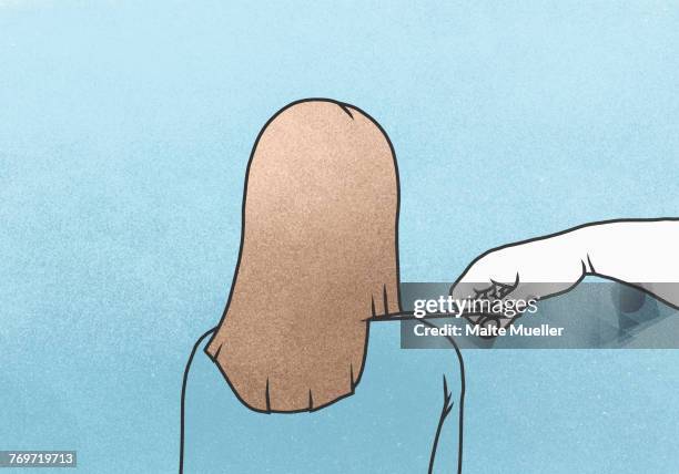 illustrative image of hand cutting womans hair against blue background - hand in hair stock-grafiken, -clipart, -cartoons und -symbole