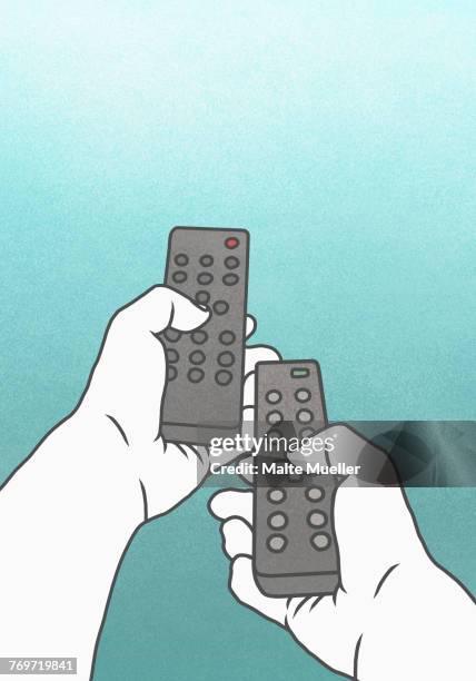 illustration of person using remote controls against blue background - fernbedienung stock-grafiken, -clipart, -cartoons und -symbole