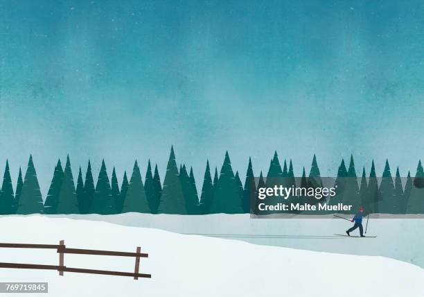illustrations, cliparts, dessins animés et icônes de illustration of man skiing against blue sky - bordé d'arbres