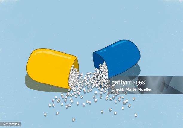 illustrative image of skulls in open capsule on blue background - craving stock illustrations