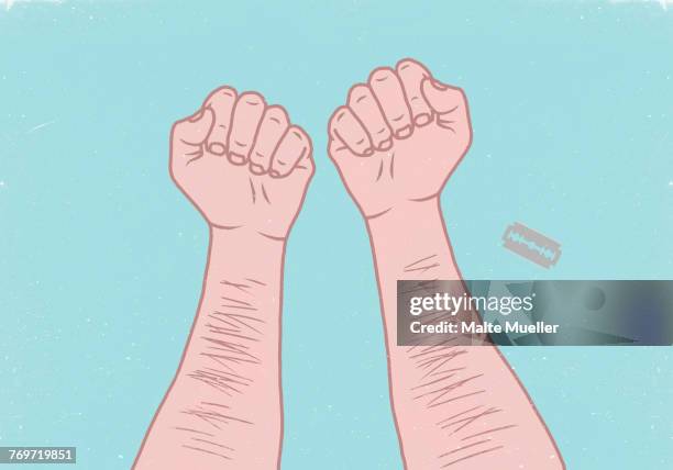 illustration of mans hands with razor blade on blue background - narbe stock-grafiken, -clipart, -cartoons und -symbole