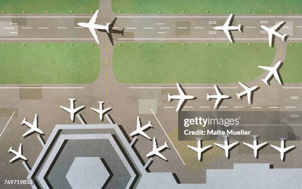 illustrations, cliparts, dessins animés et icônes de illustration of airplanes on runway at airport - sortir du rang