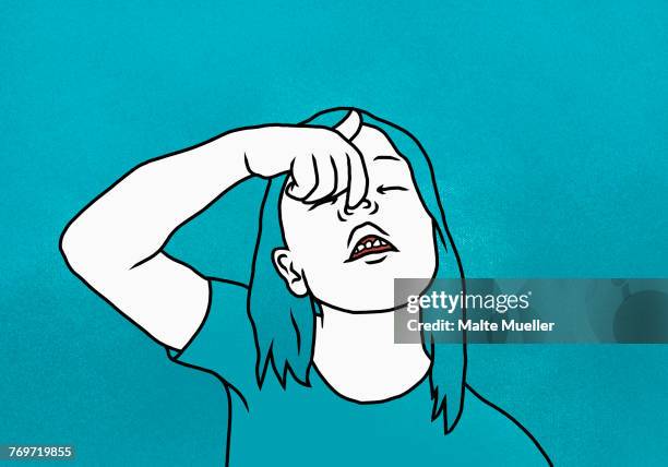 illustration of girl pulling nose against blue background - いたずら点のイラスト素材／クリップアート素材／マンガ素材／アイコン素材