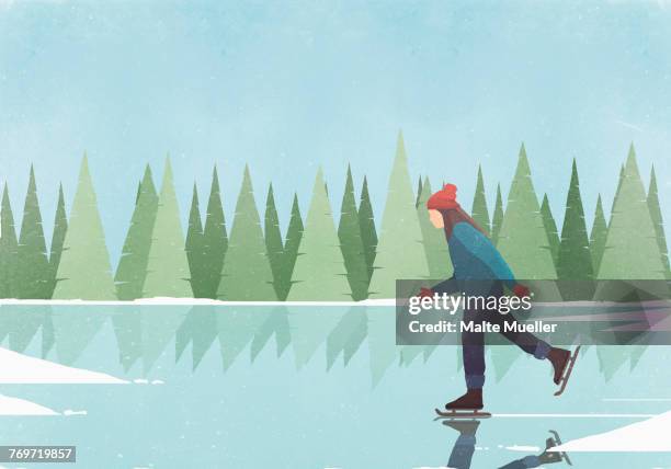 illustrazioni stock, clip art, cartoni animati e icone di tendenza di side view of woman ice-skating on rink against blue sky - donna albero