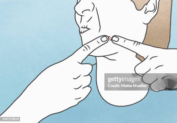 illustration of woman squeezing pimple against blue background - dermatology stock illustrations