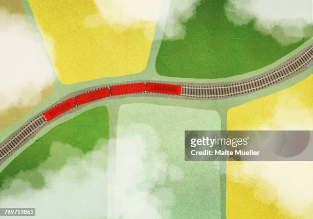 ilustraciones, imágenes clip art, dibujos animados e iconos de stock de illustration of train on tracks amidst field - track and field