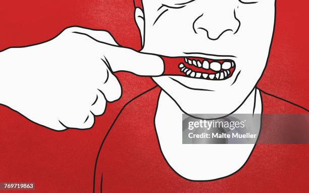 ilustraciones, imágenes clip art, dibujos animados e iconos de stock de midsection of man pulling mouth against red background - sección del medio