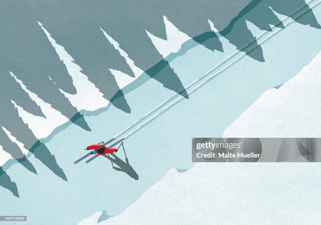 Illustration of man skiing during winter on sunny day