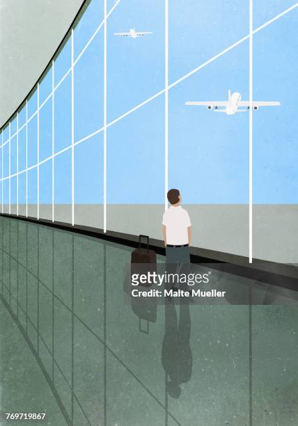 illustration of man standing by luggage at departure area while looking at airplane flying against s - luggage stock illustrations