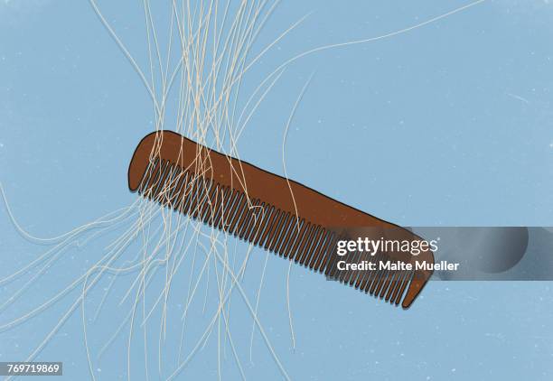 illustration of comb with hair on blue background - hair close up stock illustrations